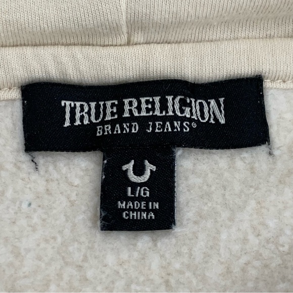 True Religion Full Zip Hoodie Men's Large Cream Fleece Graphic Print - Picture 11 of 12